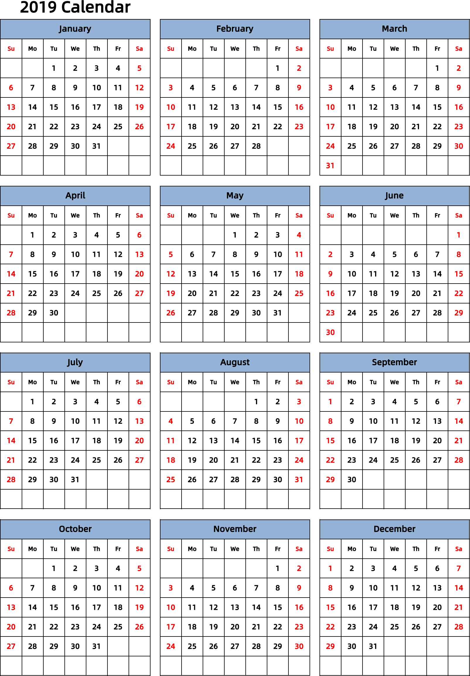 日历表2019年日历 英文版 纵向排版 周日开始